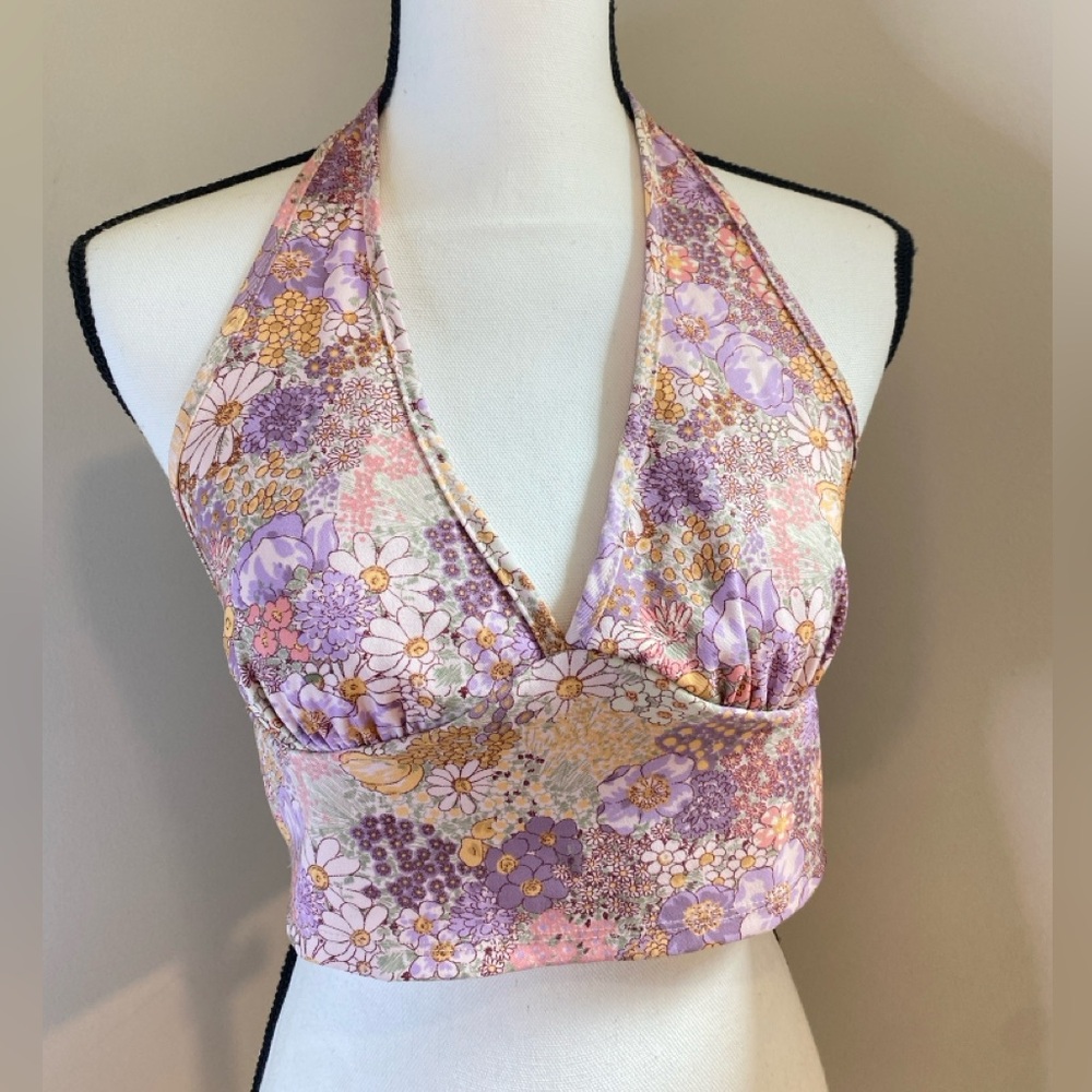Altar’d State Pink Yellow Floral Halter Top Tank Tie Back size Medium Mod Retro